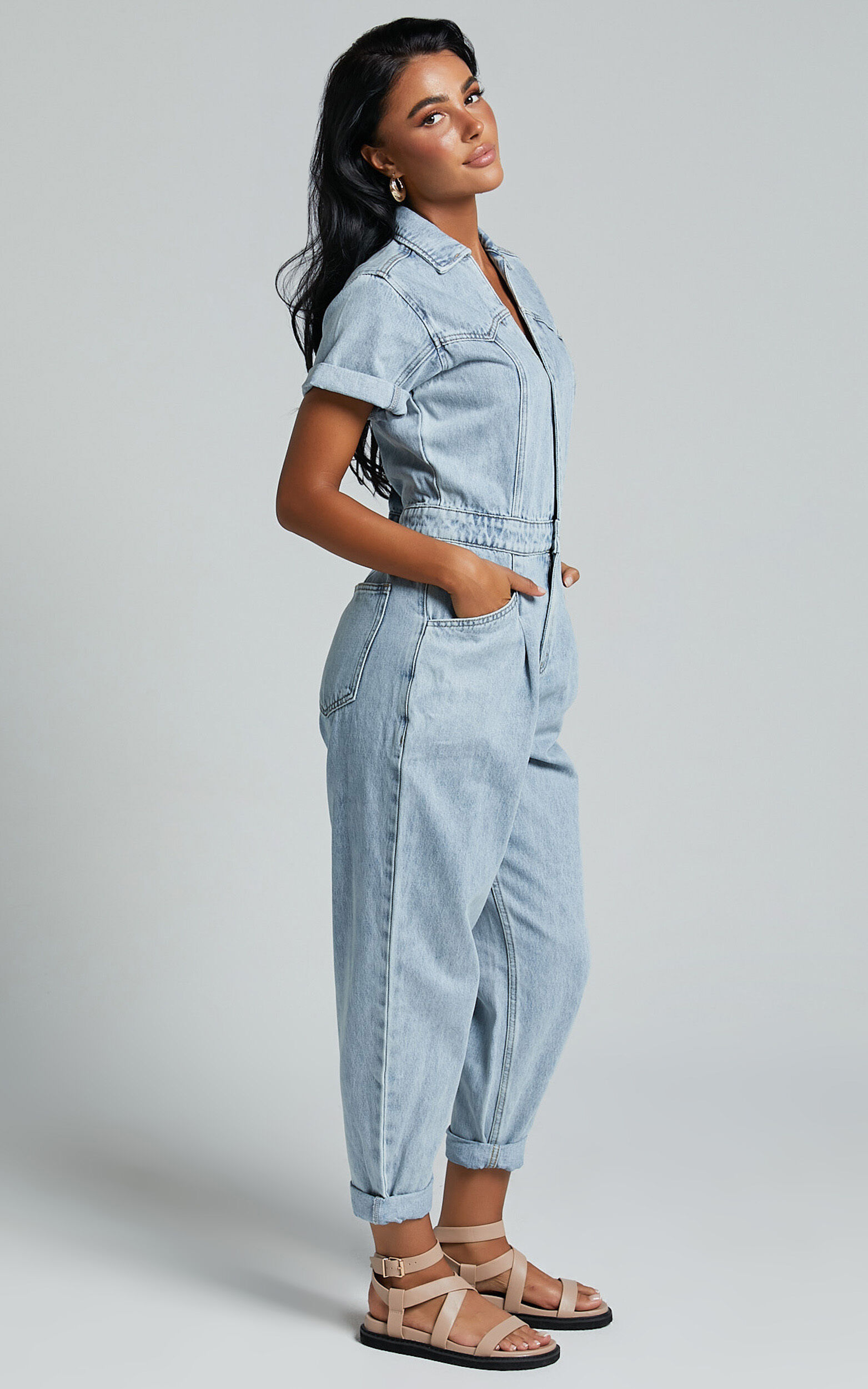 Short Sleeve Buttoned Jumpsuit - White or Denim Blue - Just $4