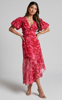 Rozannie Midi Dress - V Neck Puff Sleeve Frill Hem Dress in Havana Silhouette floral