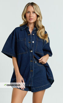 Rhianna Top - Oversized Recycled Denim Hardware Detail Short Sleeve Shirt in Indigo Wash