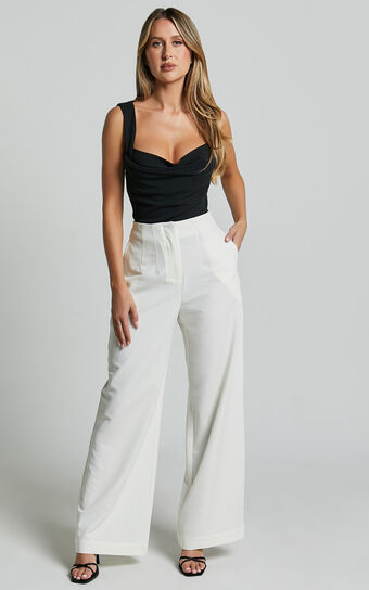 Zoella Pants - High Waisted Pleated Drill Pants in Ivory