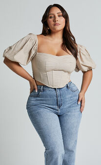 Estella Top - Puff Sleeve Corset Bustier Top in Sand