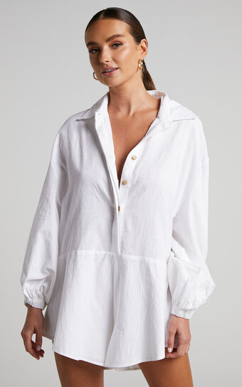 Anka Playsuit  Relaxed Button Front Shirt in White Showpo Australia