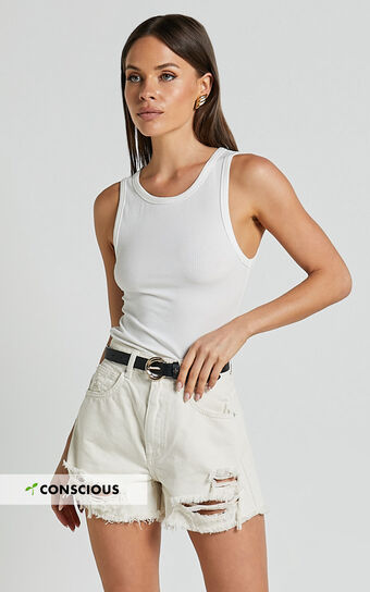 Mindae Shorts - Recycled Cotton Ripped Denim Shorts in Ecru