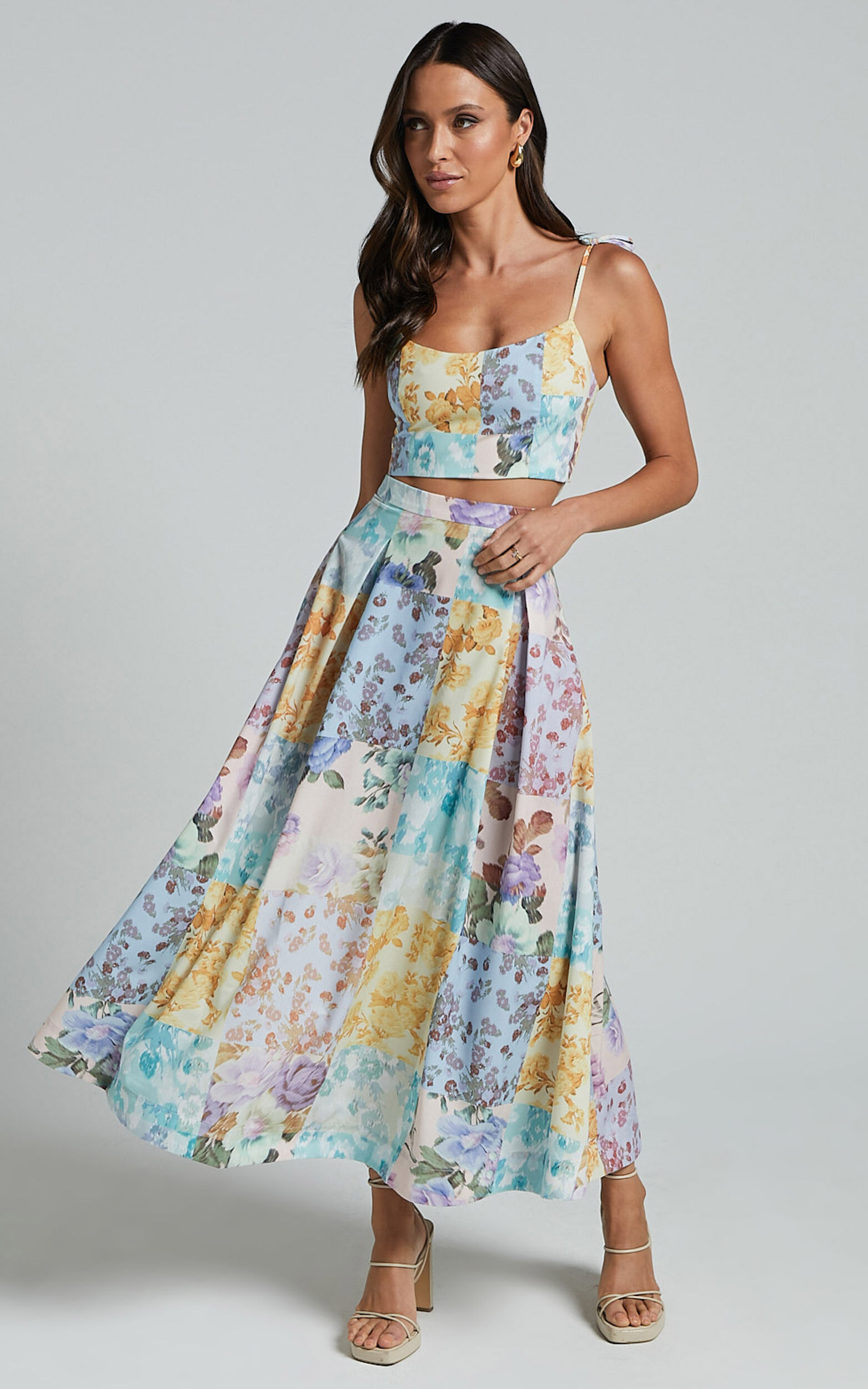Rosalee Two Piece Set - Strappy Crop Top and High Waisted A Line Midi Skirt  Set in Vintage Floral