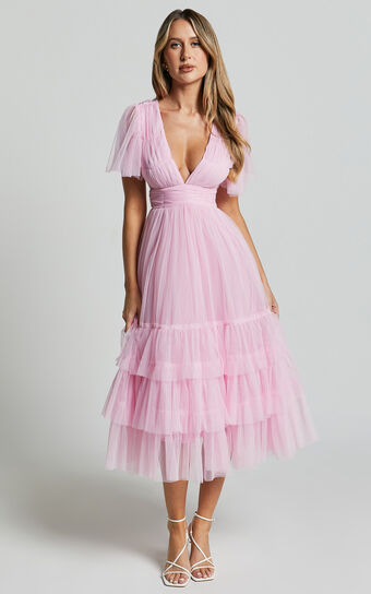 Jiraye Midi Dress - Flutter Sleeve Tuelle Plunge Dress in Ballet Pink Showpo
