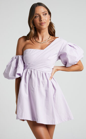 Sula Mini Dress - Asymmetric Off One Shoulder Puff Sleeve Dress in Lilac