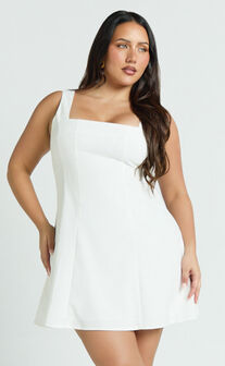 Adiana Mini Dress - Linen Square Neck Shirred Back A Line Dress in Off White