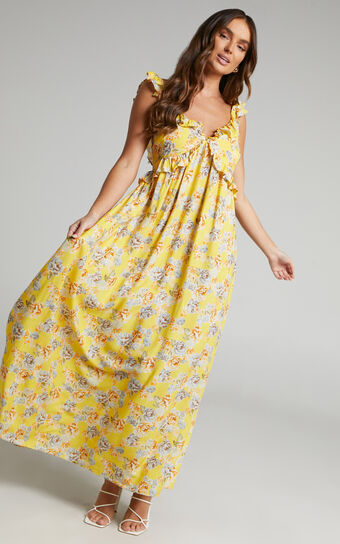 Serenyo Midi Dress - Ruffle Detail Low Back Dress in Yellow Floral