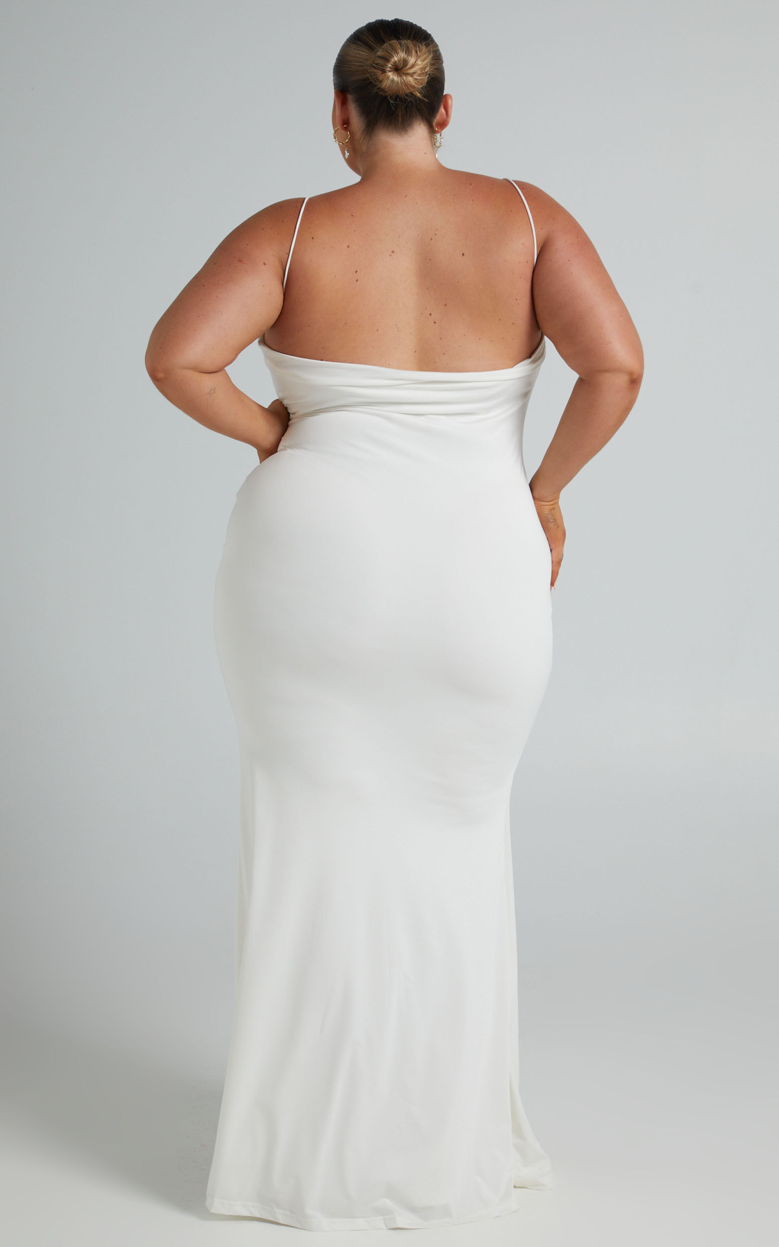 Tasteful Midi Dress - Cowl Neck Bodycon Thigh Split Dress in White | Showpo