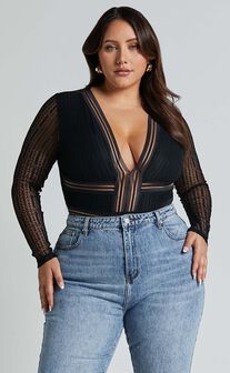 Masharie Bodysuit - Plunge Neck Open Back Lace Bodysuit in Black