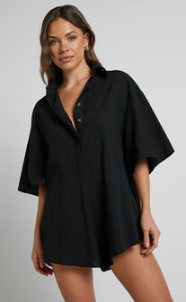 Ankana Playsuit - Short Sleeve Relaxed Button Front Playsuit in Black