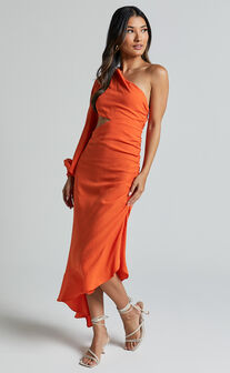 Madalyn Midi Dress - One Shoulder Long Puff Sleeve Asymmetric Side Cut Out Ruched Side in Orange