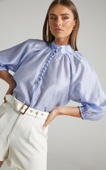 Aida Blouse - Linen Look High Neck Button Blouse in Steel Blue