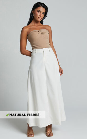 Benjie Maxi Skirt - Tailored Linen Look High Waisted A Line in White