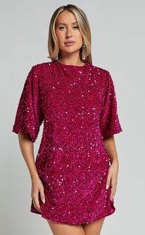 Valetta Mini Dress - Sequin low back shift dress in Hot Pink