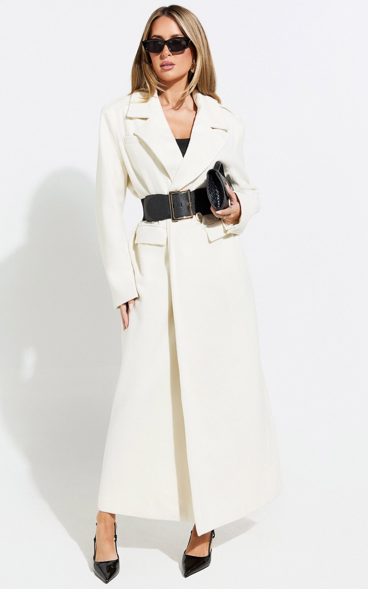 Farah Coat - Single Breasted Oversized Longline Wrap Coat in Off White - 06, WHT1
