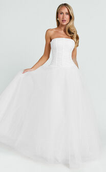 Selene Maxi Dress - Strapless Corset Gathered Skirt Dress in White