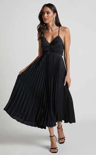 Zayla Midi Dress - Plisse Twist Front Dress in Black