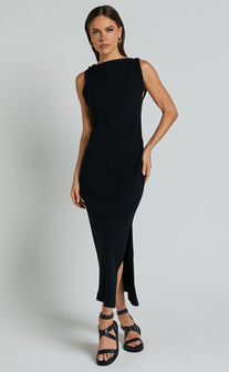 Jessenia Maxi Dress - Linen Look High Neck Dress in Black