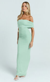 Caterina Maxi - Ruched Off Shoulder Mesh Dress in Sage