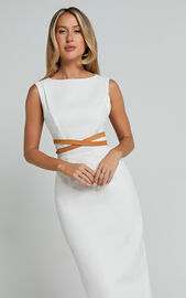 Glenda Midi Dress - High Neck Sleeveless Back Split Slip Dress in White ...