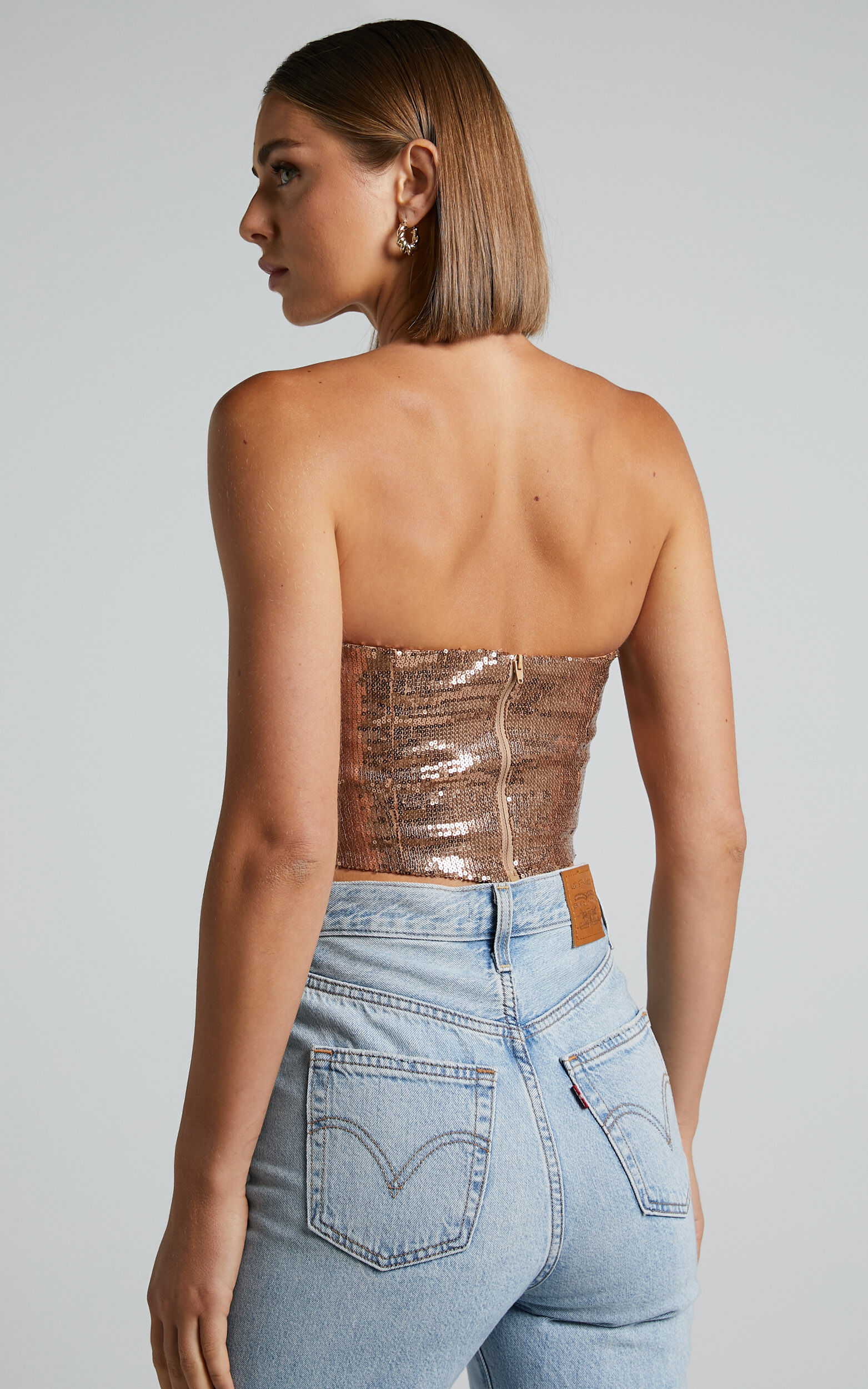 Dalphine Top Sequin Strapless Corset Crop Top in Copper Gold