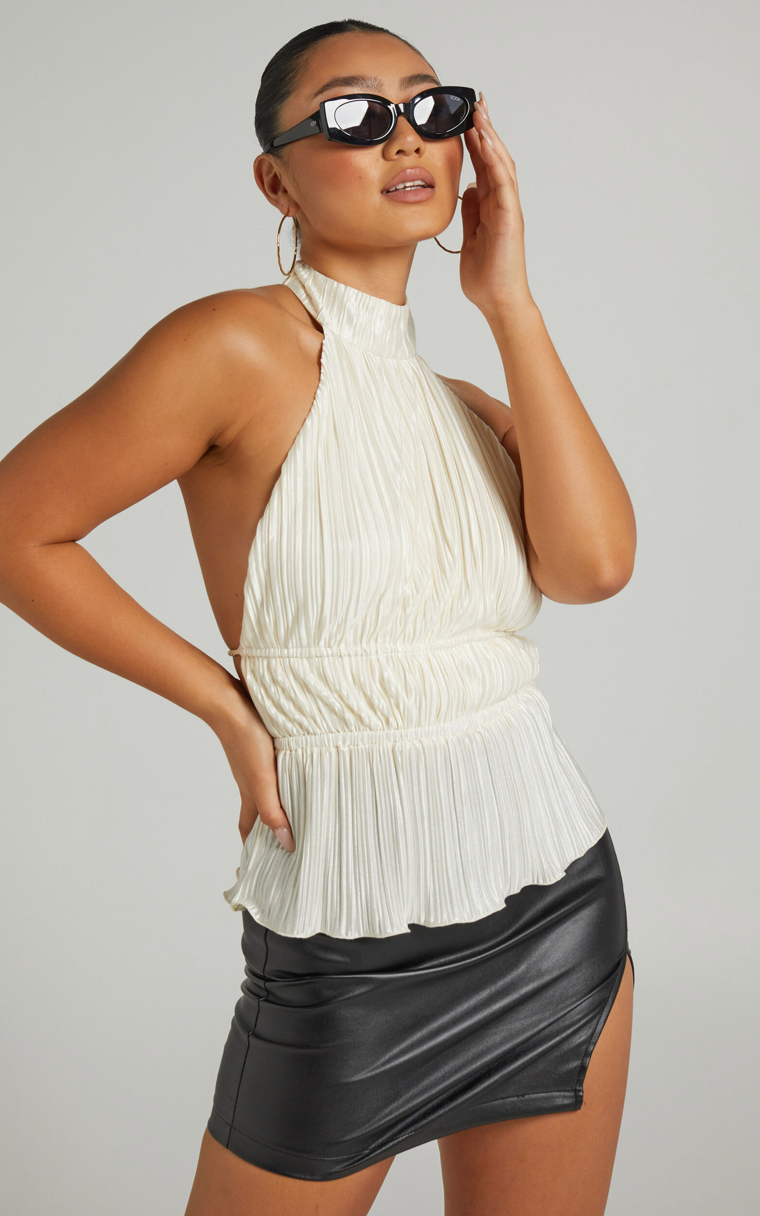Pleated Open Back Halter Top White