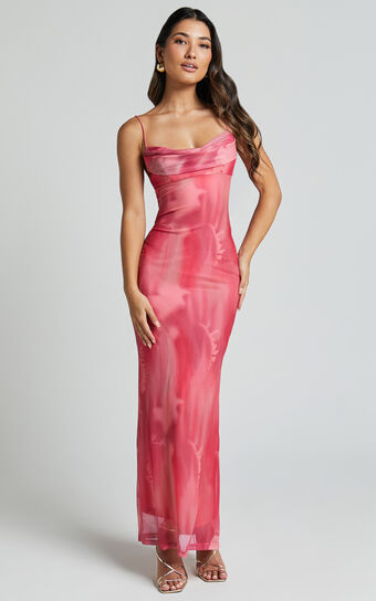 Ariel Midi Dress - Mesh Bodycon Tie Detail Dress in Pink