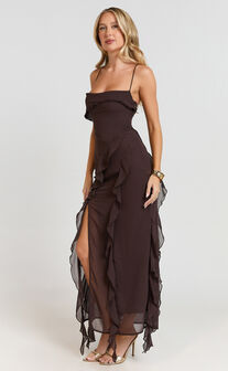 Connie Midi Dress- Ruffle Detail Dress in Chocolate