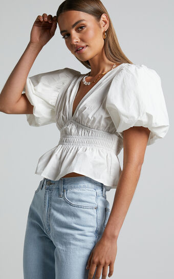 Mellie Top - Puff Sleeve Peplum Top in White