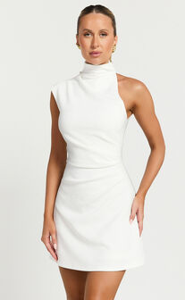 Rubie Mini Dress - High Neck Asymmetrical One Shoulder Dress in Off White