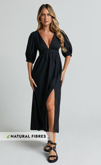 Eidie Midi Dress - Linen Look Puff Sleeve Open Tie Back Flare Dress in Black
