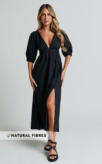 Eidie Midi Dress - Linen Look Puff Sleeve Open Tie Back Flare Dress in Black Showpo