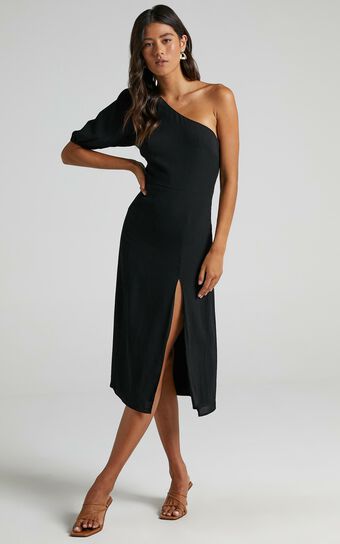 Tatiana Midi Dress - One Shoulder Thigh Split Dress in Black