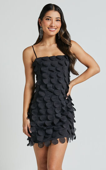Leah Mini Dress - Strappy 3D Floral Cami Dress in Black