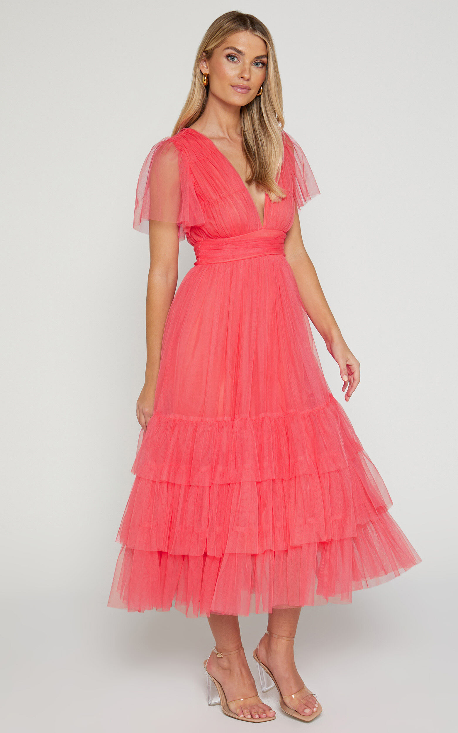 Jiraye Midi Dress Flutter Sleeve Tuelle Plunge Dress in Coral Showpo NZ