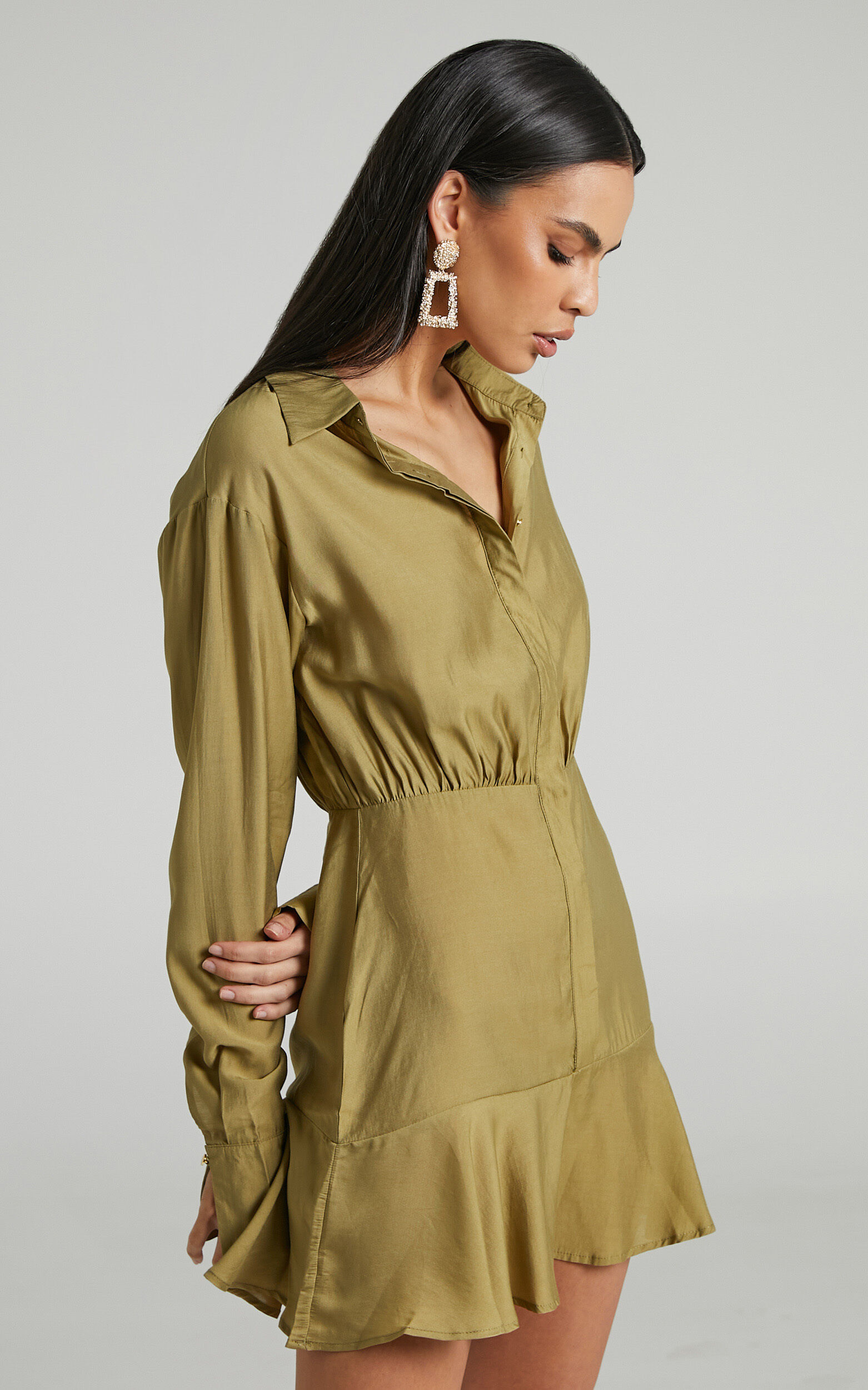 Jervin Mini Dress Collared Button Down Shirt Dress in Khaki Showpo USA