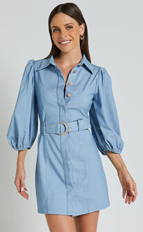 Aubrie Mini Dress - Blouson Sleeve Button Through Belted Dress in Light Blue