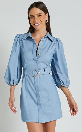 Aubrie Mini Dress - Blouson Sleeve Button Through Belted Dress in Light Blue