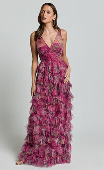 Amalie The Label - Josette Tulle Tiered Maxi Dress in Pink Floral