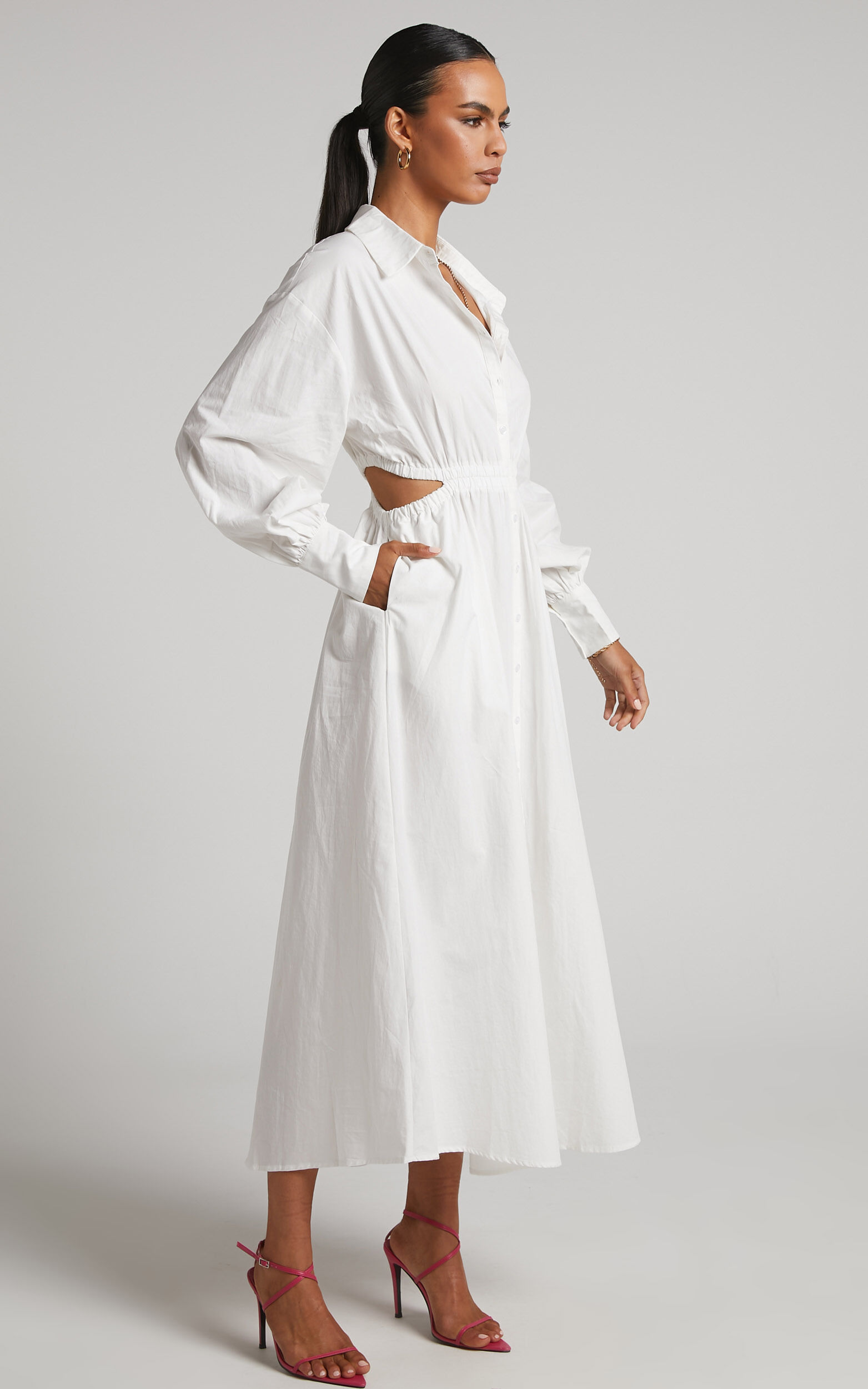 Merabelle Midi Dress Side Cut Out Collared Long Sleeve Shirt Dress in White