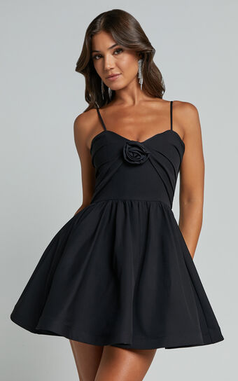 Angel Mini Dress - Sweetheart Rosette Fit and Flare Dress in Black Showpo