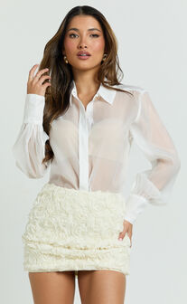 Alvana Shirt - Organza Gold Hardware Feature Button Blouse Shirt in White
