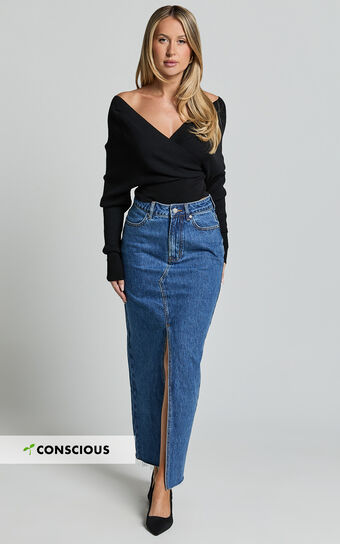 Kira Midi Skirt - Front Split Denim Skirt in Dark Blue Wash