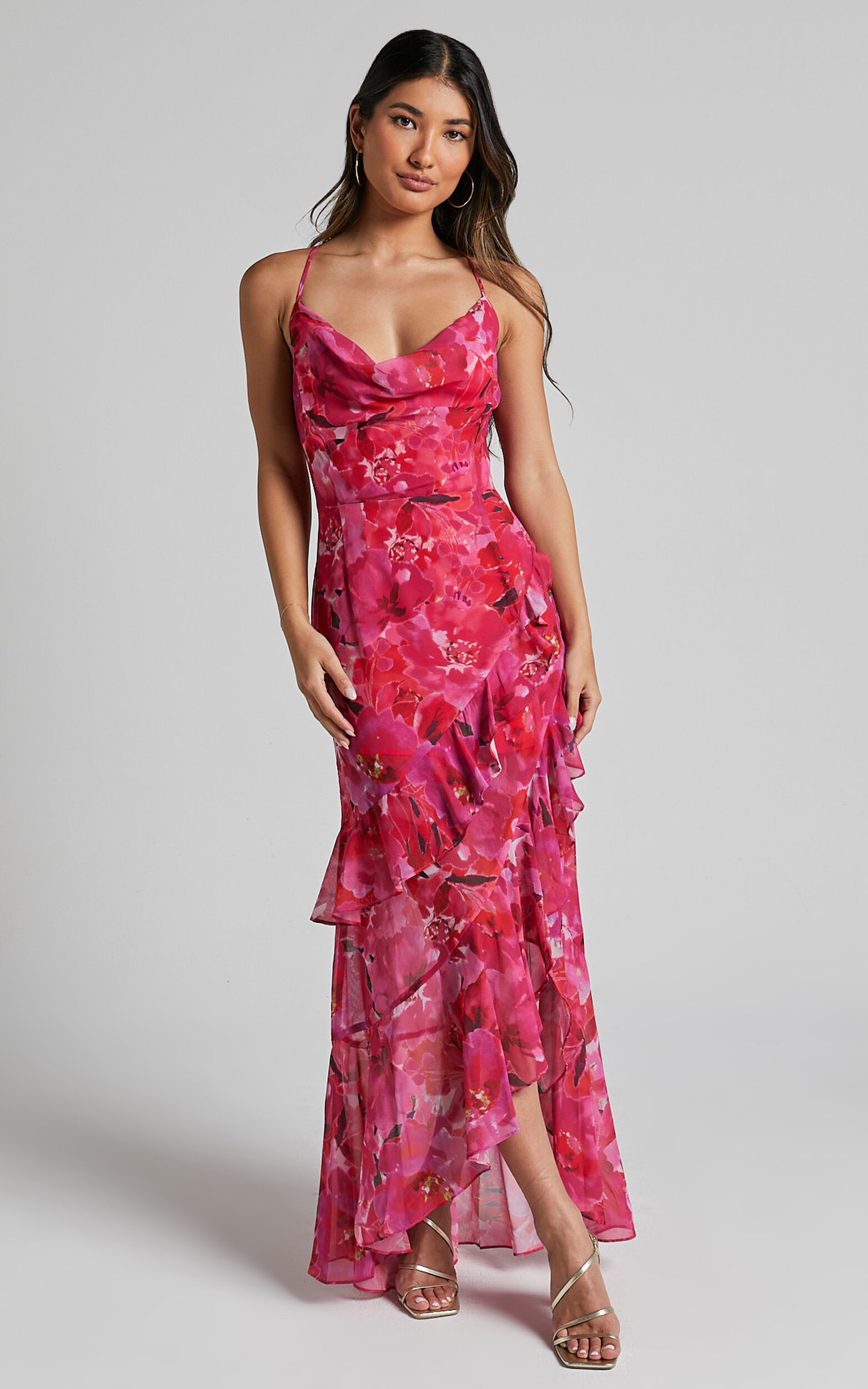 Isobella Midi Dress - Cowl Neck Cross Tie Back Asymmetrical