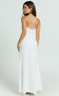 Mimi Maxi Dress - Embroidered Cowl Neck High Split Dress in White