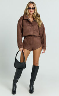Nessa Jacket - Faux Suede Oversized Cropped Bomber Jacket in Dark Chestnut