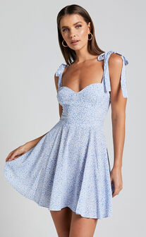 Lorreta Mini Dress - Tie Shoulder Sweetheart Dress in Dusty Blue Floral