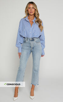 Zelrio Jeans - High Waisted Recycled Cotton Cropped Denim Jeans in Mid Blue Wash