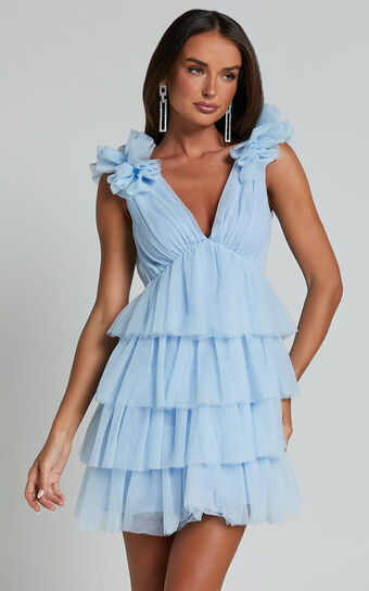 Hayden Mini Dress - Low Back Tulle Tiered Dress in Light Blue Showpo